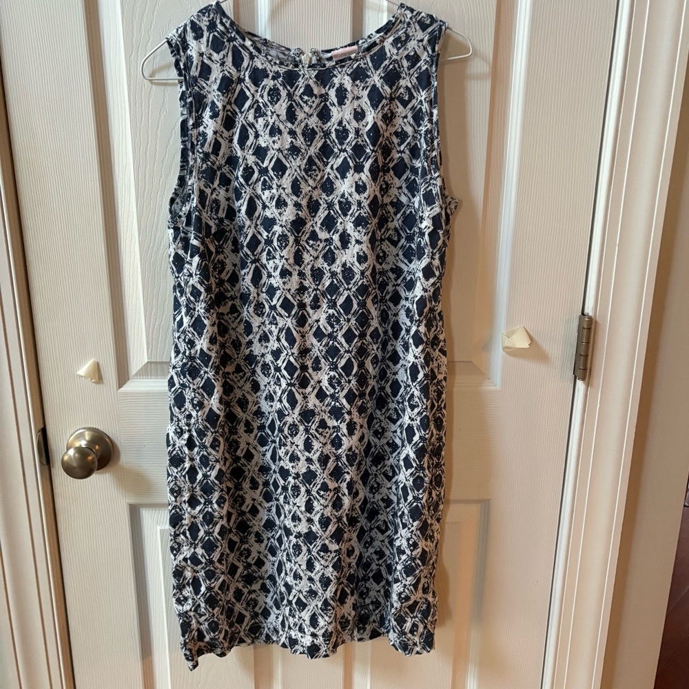 St. Tropez 100% Linen Dress Navy Blue White Summer Travel Beach Resort Coastal